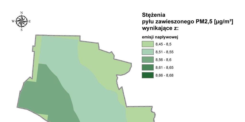 Rysunek 15 Rozkład stężeń pyłu zawieszonego PM2,5 o okresie uśredniania wyników rok kalendarzowy pochodzących z