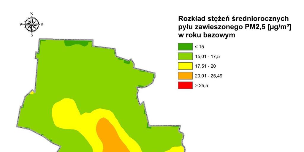 Rysunek 16 Rozkład stężeń pyłu zawieszonego PM2,5 o