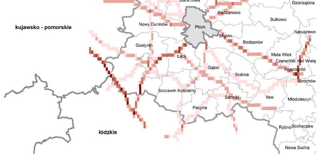 Rysunek 12 Emisja liniowa (drogi krajowe i wojewódzkie) pyłu zawieszonego PM10 z pasa 30 km