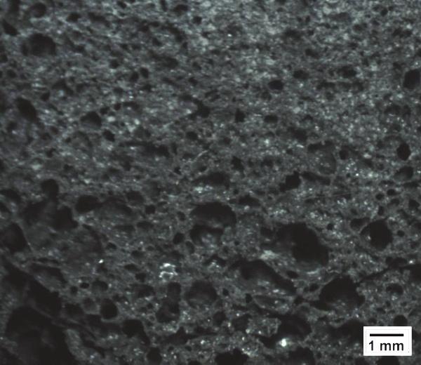 Microstructure (SEM) of foam glass from the mixture III (97% cullet, 3% carbon), after