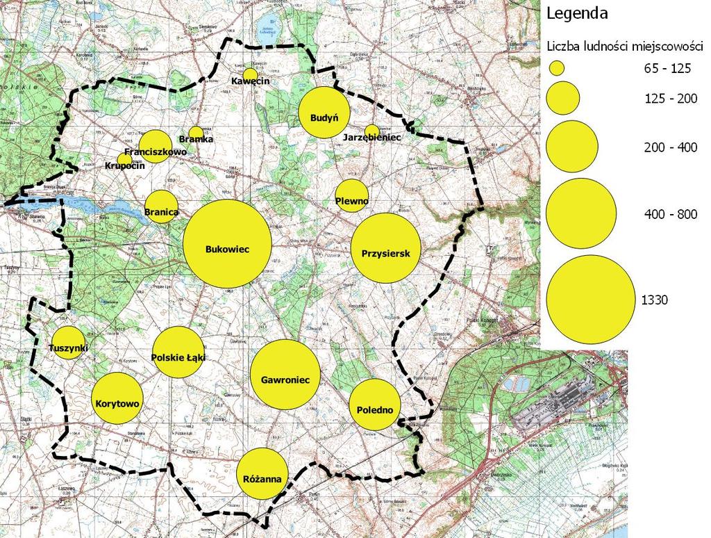 Rysunek. Rozkład wielkościowy i przestrzenny ludności miejscowości w gminie. Dane Urzędu Gminy, wg stanu na koniec 2015 r. Źródło podkładu mapowego: usługa wms serwisu geoportal.gov.