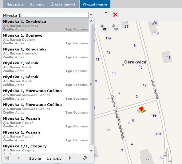 Rysunek 16. Przykład użycia narzędzia Wyszukaj Źródła danych Geospatial portal daje możliwość korzystania z usług z różnych źródeł danych.