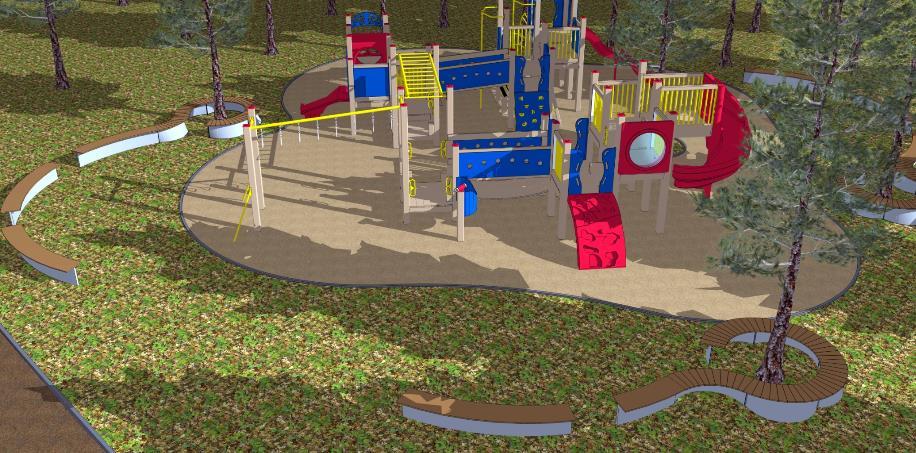 Rysunek, 29: Wizualizacja strefy dla dzieci Ze względu na charakter parku proponuje się rozmieszczenia na jego terenie urządzeń zabawowych wielofunkcyjnych zbudowanych z drewnianych, okrągłych belek,