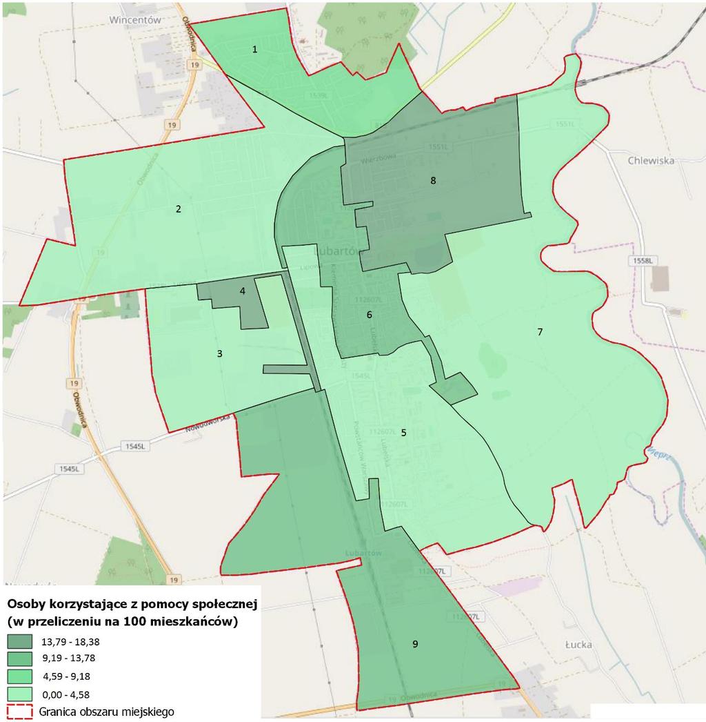 Rysunek 2 Osoby korzystające z pomocy społecznej na terenie Lubartowa Źródło: opracowanie własne na podkładzie openstreetmap.org.