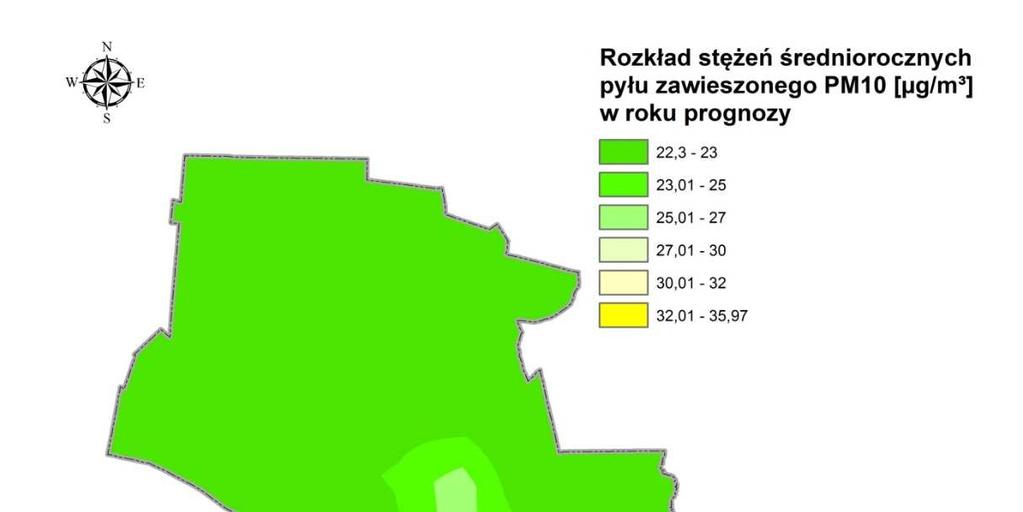 Rysunek 1 Rozkład stężeń pyłu zawieszonego PM10 o okresie uśredniania wyników rok kalendarzowy z emisji całkowitej na terenie Płocka w roku