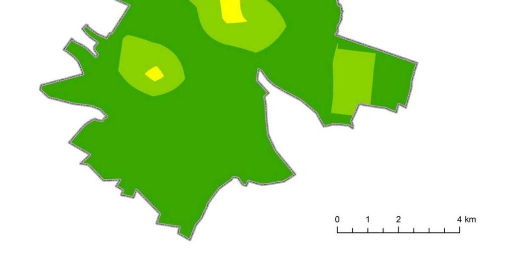 Rysunek 3 Rozkład stężeń pyłu zawieszonego PM10 o okresie uśredniania wyników rok kalendarzowy z emisji całkowitej na terenie Płocka po zastosowaniu w roku prognozy 2024 W roku prognozy na terenie