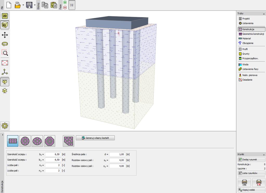 Ramka Konstrukcja Przejdziemy teraz do ramki Geometria, dzie zdefiniujemy łębokość posadowienia fundamentu, wyniesienie łowicy pala, rubość płyty fundamentowej oraz dłuość pali w rupie.