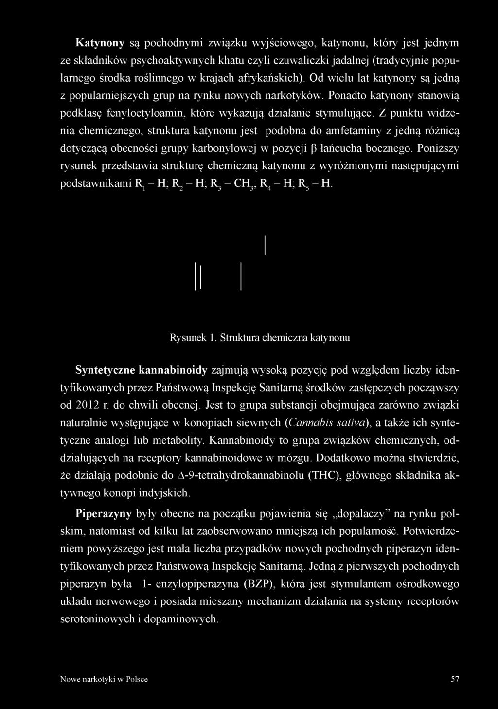 Z punktu widzenia chemicznego, struktura katynonu jest podobna do amfetaminy z jedną różnicą dotyczącą obecności grupy karbonylowej w pozycji P łańcucha bocznego.