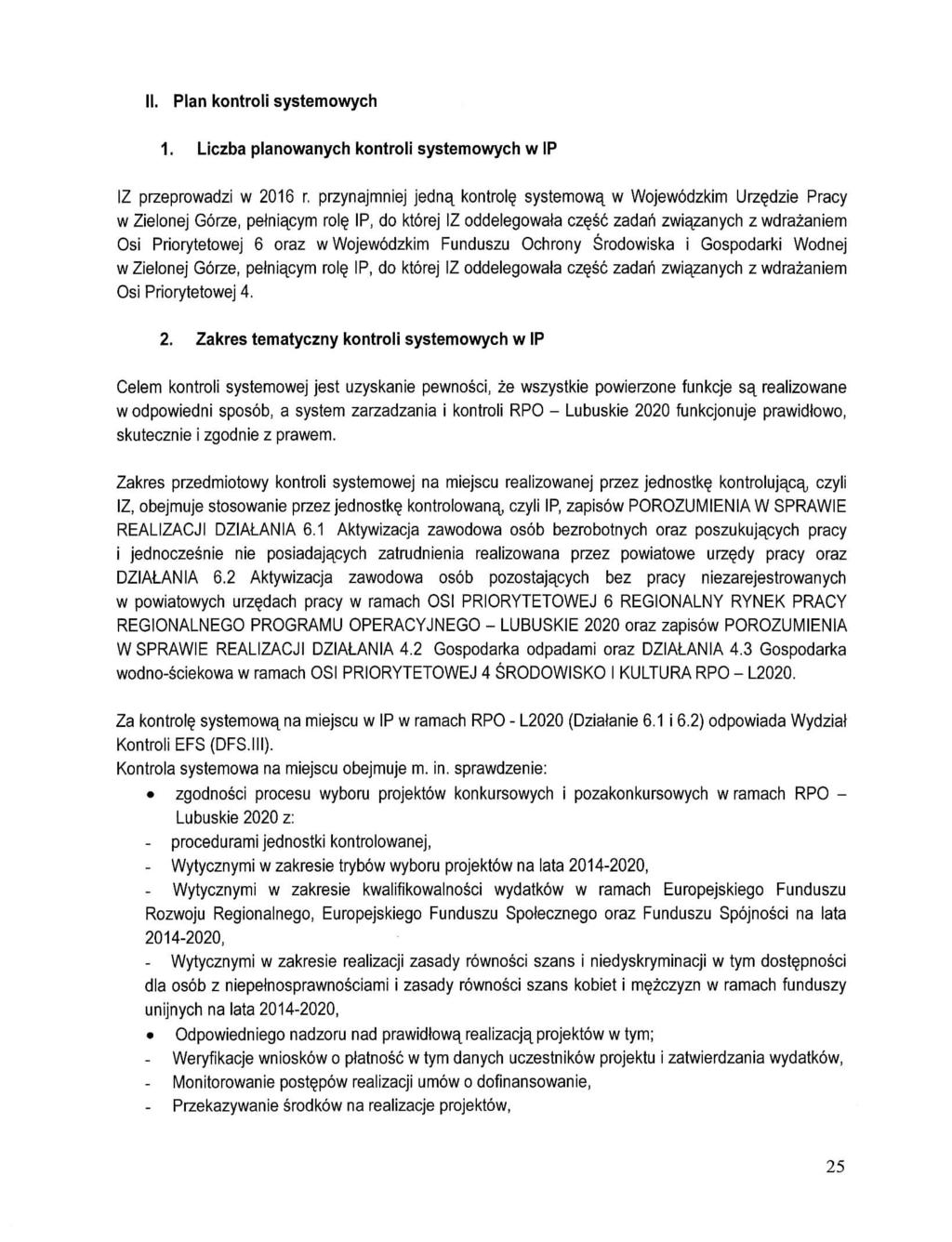 II. Plan kontroli systemowych 1.