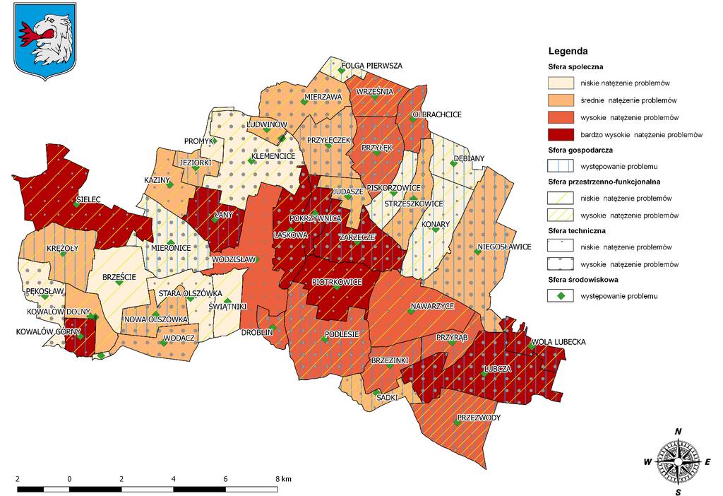 Diagnoza na potrzeby wyznaczenia obszaru zdegradowanego i obszaru rewitalizacji na terenie Gminy Wodzisław Mapa 9 Koncentracja negatywnych