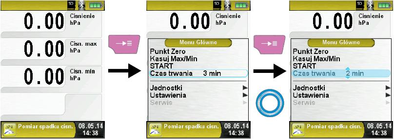 6.7 Program Spadek ciśnienia Wywołanie programu Spadek ciśnienia (kolor menu: żółty) Po uruchomieniu programu Spadek ciśnienia najpierw następuje automatyczne zerowanie czujnika ciśnienia.