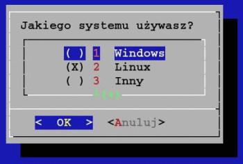 Lista opcji --radiolist Lista opcji RadioList pozwala wybrać tylko jedną opcję. --radiolist <tekst> <wysokość> <szerokość> <wysokość menu> <nr opcji> <nazwa opcji><status>.