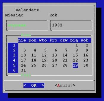 Kalendarz czyli --calendar dialog posiada nawet wbudowaną opcję --calendar, która wyświetla zaznaczony dzień miesiąca, oraz pozwala wybrać strzałkami (i zatwierdzić) dowolną datę.