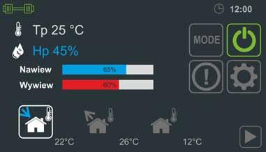 PRZYKŁADOWE EKRANY EKRAN 1 (EKRAN GŁÓWNY) Informacja o temperaturze i wilgotności mierzonej przez panel Ustawienia trybu pracy Główny przycisk włączenia/wyłączenia urządzenia Przycisk przejścia do