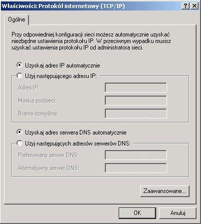 g) Router domyślne ma włączoną fukncję serwera DHCP automatycznego przypisywania adresów IP, dlatego musimy włączyć w każdym z komputerów podłączonych do routera funkcję klienta DHCP.