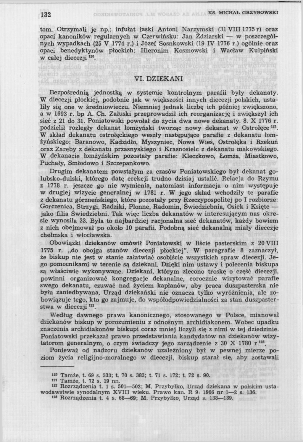 132 KS. MICHAŁ GRZYBOWSKI tom. Otrzymali je np.: infułat łaski Antoni Narzymski (31 VIII 1775 r) oraz opaci kanoników regularnych w Czerwińsku: Jan Ździarski w poszczególnych wypadkach (25 V 1774 r.