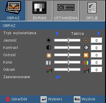 Elementy sterowania użytkownika OBRAZ Tryb wyświetlania Dostępnych jest wiele wstępnych ustawień fabrycznych, zoptymalizowanych dla różnych typów obrazów.