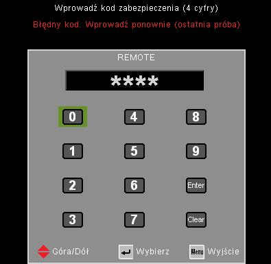 Elementy sterowania użytkownika USTAWIENIA Zabezpieczenia Zabezpieczenia zależy od specyfikacji modelu. Zabezpieczenia Wł: Wybierz Wł, aby używać sprawdzania zabezpieczenia przy włączaniu projektora.