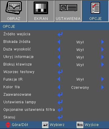 Elementy sterowania użytkownika OPCJE Źródło wejścia Użyj tej opcji do włączenia/wyłączenia źródeł wejścia. Naciśnij, aby przejść do podmenu i wybrać wymagane źródła.