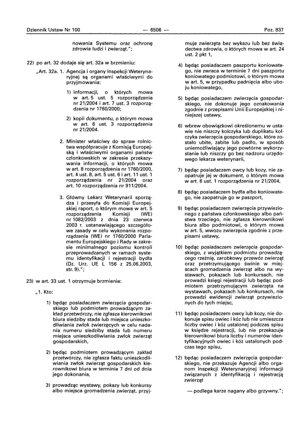 Dziennik Ustaw Nr 100-6506 - Poz.837 nowania Systemu oraz ochrone zdrowia ludzi i zwierzat.": 22) po art. 32 dodaje sle art. 32a w brzmieniu: "Art. 32a. 1. Agencja i organy Inspekcji Weterynaryjnej SCl organami wtasclwvrni do przyjmowania: 1) informacji, 0 kt6rych mowa wart.