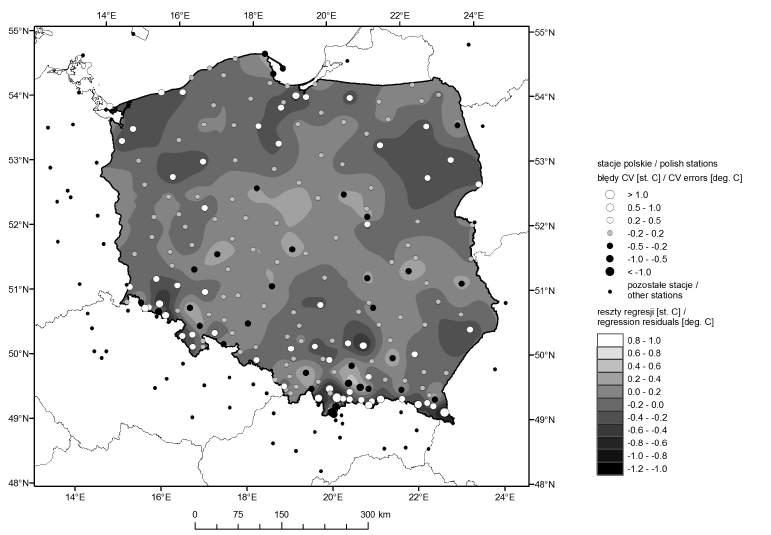 80 M. Szymanowski, M. Kryza Rys. 1. Interpolowane reszty modelu GWR średniej temperatury powietrza w roku 1996 wraz z błędami oceny krzyżowej metody GWR Fig. 1. Interpolated residuals of GWR model for mean air temperature in year 1996 and the crossvalidation errors of GWR Tabela 3.
