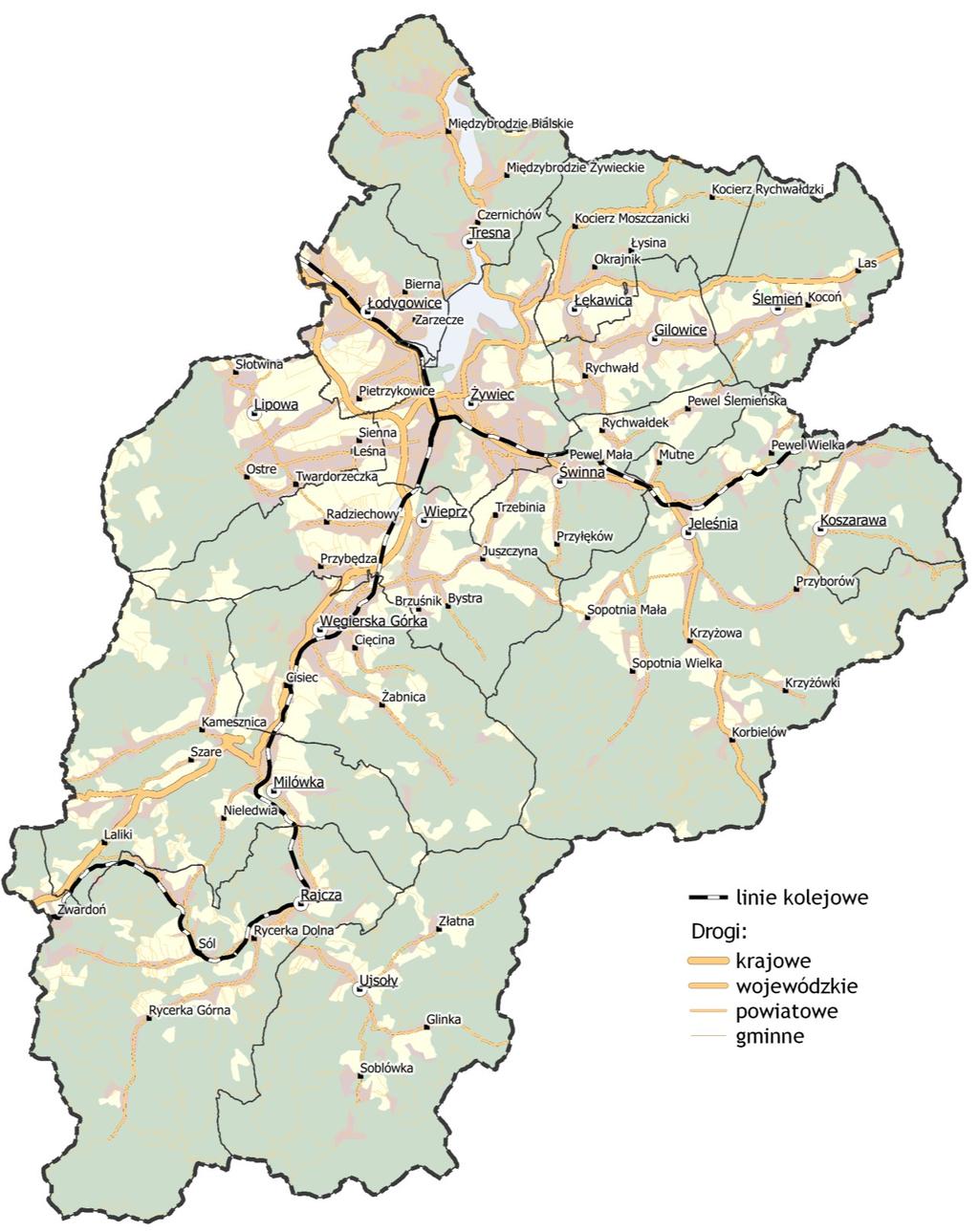 2.3 Układ drogowy i kolejowy Poniższa mapa przedstawia sieć drogową oraz kolejową powiatu