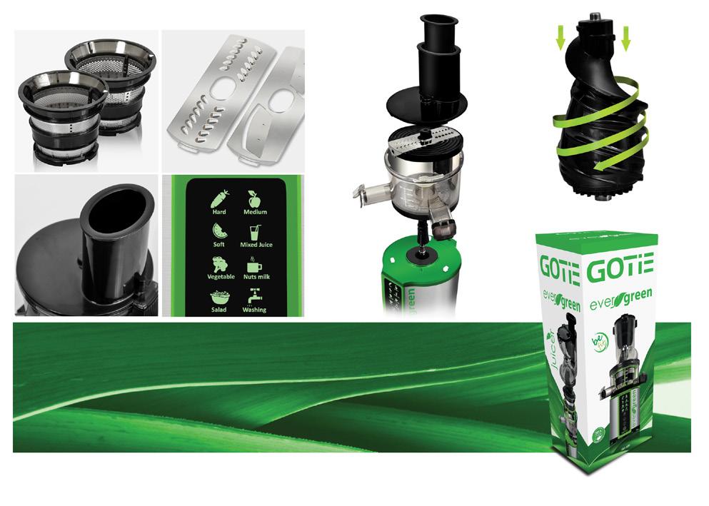 GSJ-620 7 WYCISKARKA WOLNOOBROTOWA Evergreen design BPA free elementy pozbawione bisfenolu A silnik DC o mocy 200W zakres prędkości obrotowych 45-55 RPM max. czas pracy: 20min.
