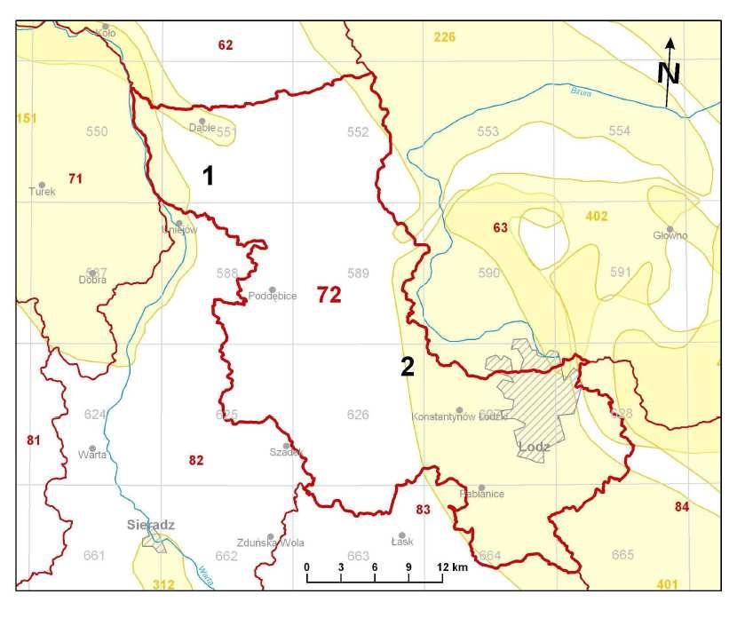 JCWPd nr 72 położona jest w regionie wodnym Warty i Środkowej Wisły, a jej powierzchnia wynosi 1 831 km 2. W obrębie tej jednostki znajdują się 3 GZWP o numerach 150, 151, 401 (rys. 6).