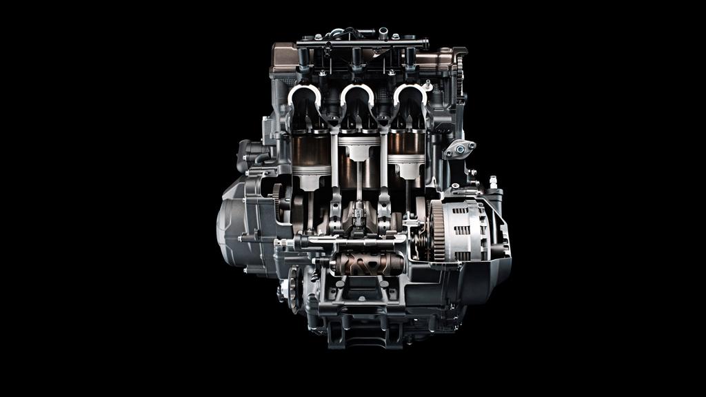 Lekki, 3-cylindrowy silnik o zwartej budowie i pojemności 850 cm3 MT-09 Aby utrzymać jak najniższą masę i zapewnić kompaktowość nowego modelu MT-09, inżynierowie Yamahy opracowali całkowicie nową