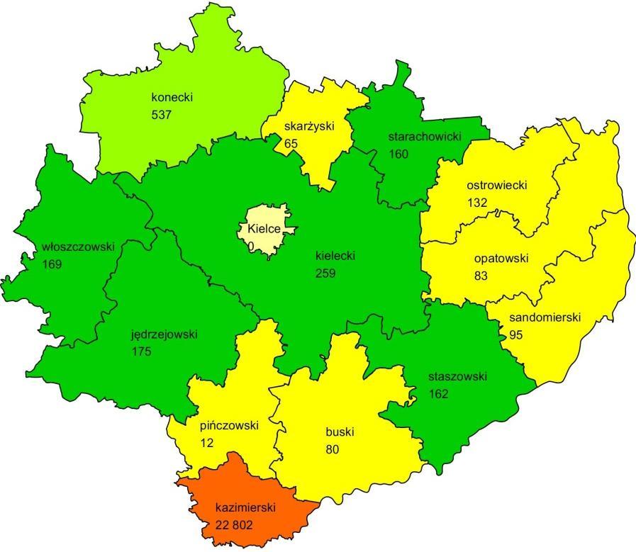 Mapa 45. Liczba osób objętych projektami w 2016 roku w ramach konkursów ogłaszanych przez MRPiPS wg powiatów regionu świętokrzyskiego. Źródło: Opracowanie własne na podstawie OZPS.