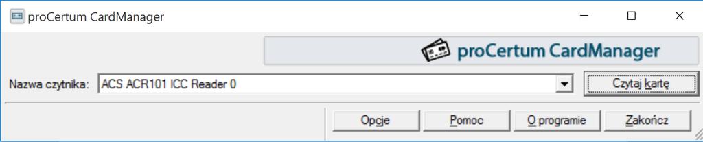 S t r o n a 9 3 Konfiguracja oprogramowania 1. Uruchamiamy aplikację pro CardManager w wersji 3.2.0.151 lub wyższej. Powinno pojawić się okno z nazwą czytnika jak na grafice poniżej: 2.