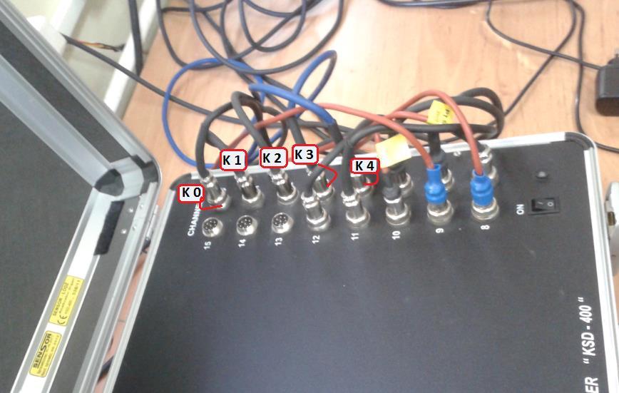 Rys.12. Miejsca podłączeń czujników do analizatora diagnostycznego KSD-400: K0 czujnik laserowy obrotów; K1, K2, K3, K4 czujniki piezoelektryczne.