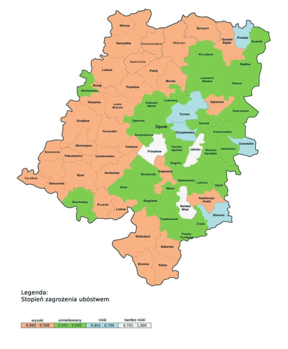 22 Ocena zasobów pomocy społecznej województwa opolskiego w 2011 r. Mapa 3. Stopień zagrożenia ubóstwem w woj. opolskim obliczony wg metody wzorca rozwoju stan na 31.12.2011 r. Źródło: opracowanie własne ROPS w Opolu W 2011 r.