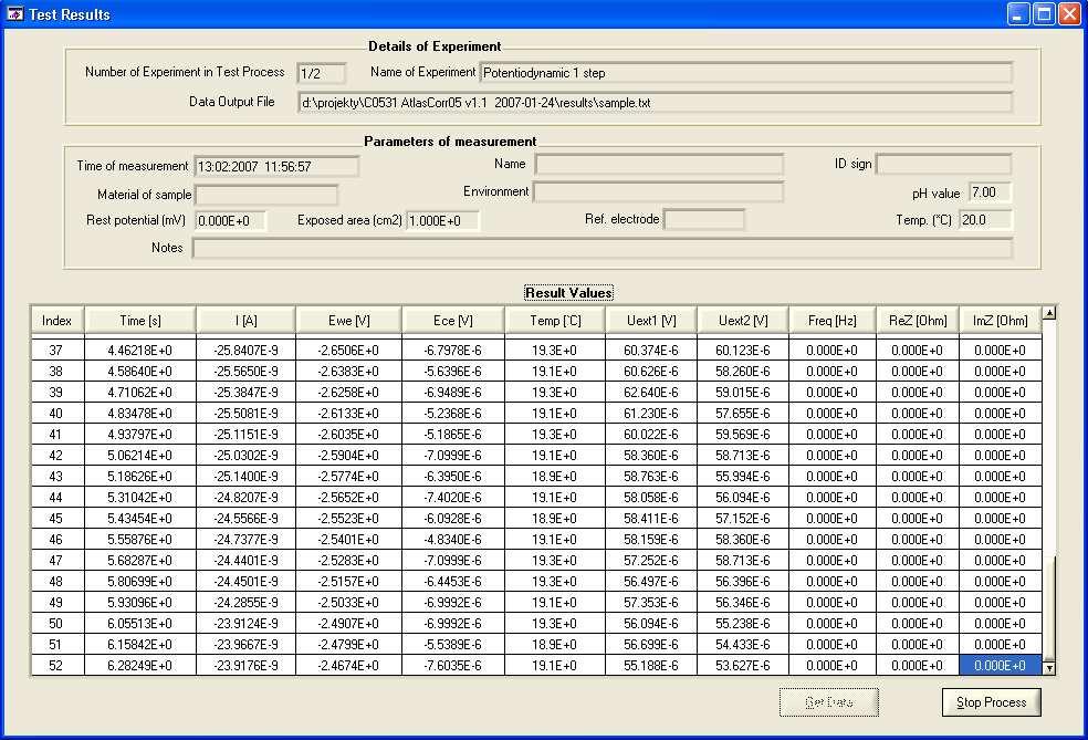 Jeśli istnieje potrzeba zapisy wyników wszystkich eksperymentów w jednym pliku to należy zaznaczyć checkboxa Save all data in one file.