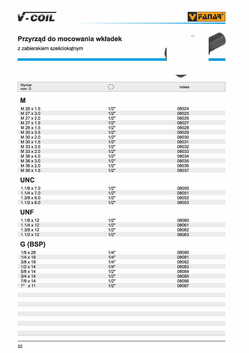 V-COlL Dfaiiar Przyrząd do mocowania wkładek z zabierakiem sześciokątnym i nom. D O M M 26x1. M 27 x 3.0 M 27 x 2.0 M 27x1. M 28x1. M 30 x 3.