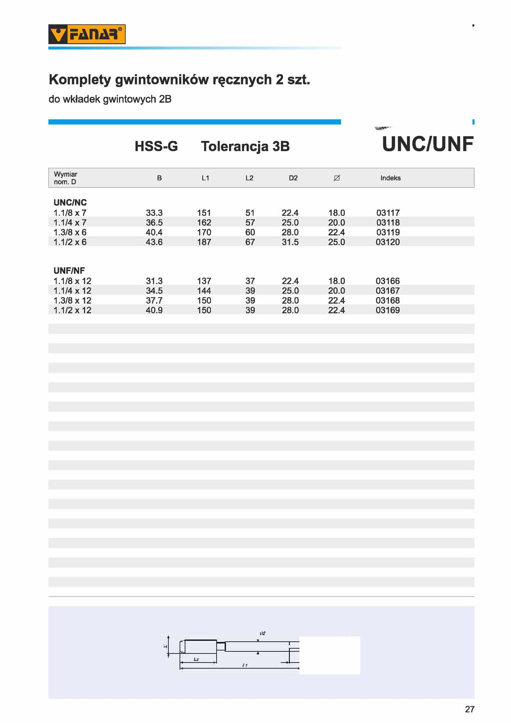 PrAIIM Komplety gwintowników ręcznych 2 szt. do wkładek gwintowych 2B HSS-G Tolerancja 3B UNC/UNF nom. D UNC/NC 1.1/8 x 7 1.1/4 x 7 1.3/8 x 6 1.1/2 x 6 JZf B L1 L2 D2 33.3 11 1 22.4 18.0 03117 36.