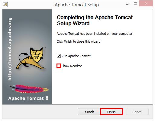 Przygotowania 7 Po zainstalowaniu Tomcata pojawia się ekran końcowy. Odznaczamy checkbox "Show Readme" i klikamy przycisk "Finish". Rysunek 2.9.