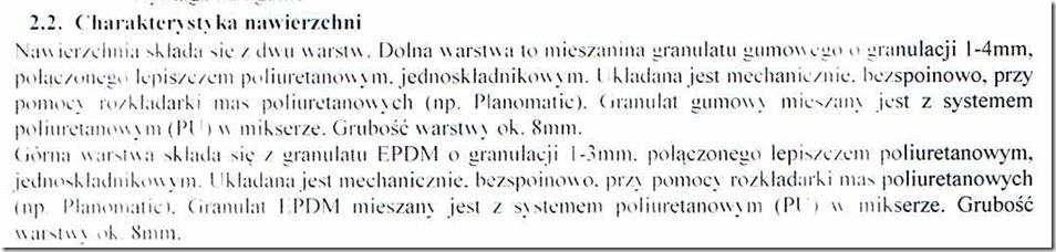 Nawierzchnie należy wykonać wg obowiązującego zapisu w projekcie: Nawierzchnia syntetyczna poliuretanowa o grubości 13-14 mm (warstwę o grubości 10-11 mm z granulatu SBR, następnie warstwa natrysku