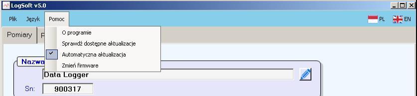 Pomoc O programie - informacja o aktualnej wersji programu Sprawdź dostępne aktualizacje - po zaznaczeniu pojawia się informacja o dostępie najnowszej aktualizacji oprogramowania Automatyczna
