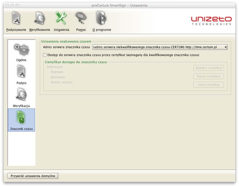 świadczący o czasie pozytywnej weryfikacji podpisu wymagane jest wtedy zdefiniowanie ustawień znacznika czasu na zakładce Znacznik Czasu; Dołącz znacznik czasu, certyfikaty i listy CRL (XL) wybranie