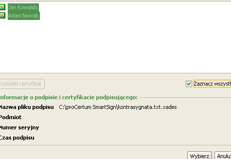 Można także wyświetlić dane o istniejącym podpisie poprzez naciśnięcie przycisku Pokaż podpis.