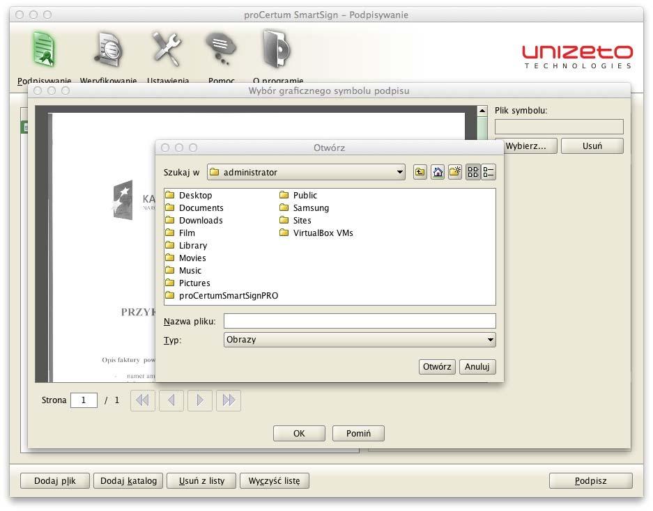Rysunek 35 Dodawanie graficznego symbolu podpisu wskazanie pliku graficznego Po wybraniu pliku, okno główne zostanie
