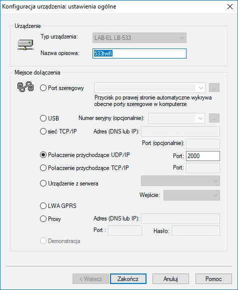 Konfiguracja LBX do łączności z LB-533 przez WiFi Po skonfigurowaniu (przez USB) LB-533 do pracy z routerem i serwerem należy skonfigurować serwer LBX do łączności z LB-533 poprzez sieć Wi- Fi.