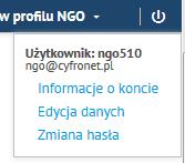 Strona główna profilu NGO Informacje o koncie Edycja danych Zmiana hasła Logo Pliki Galeria Aktualności Newsletter Usunięcie konta W