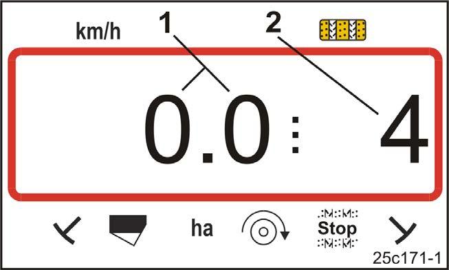 Rozpoczęcie pracy 7 Rozpoczęcie pracy 1. Ustawić maszynę w pozycji startowej (maszyna zatrzymana). Wskazanie przy zatrzymanej maszynie: Cyfra 1 ( Rys. 31/1) pokazuje prędkość jazdy (0 km/h).
