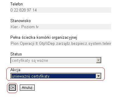 3.2.2 Zawieszenie certyfikatów pracownika przez przełożonego Przełożony może w imieniu pracownika zawiesić certyfikaty. W tym celu odszukuje pracownika w podobny sposób jak w wnioskowaniu (pkt.2.2 (Rysunek 7,Rysunek 8)).
