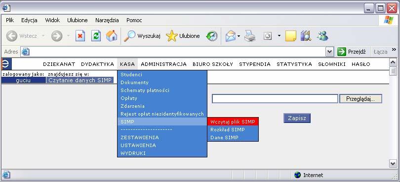 Interfejs Uczelnia Moduł Kasa Doskonałe narzędzie do obsługi masowych płatności: Funkcjonalność ta pozwala na zaimportowanie pliku otrzymanego z banku a
