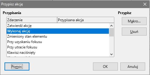 3.2.7.1 W zakładce Ogólne w polu Etykieta wpisać Rozwiązanie 3.2.7.2 Wybrać zakładkę Wydarzenia i z prawej strony pola Wykonaj akcję kliknąć. Ukaże się okno: 3.2.7.3 Kliknąć przycisk Makro 3.2.7.4 W oknie Wybór makra rozwinąć (plusem) gałąź dzialki.