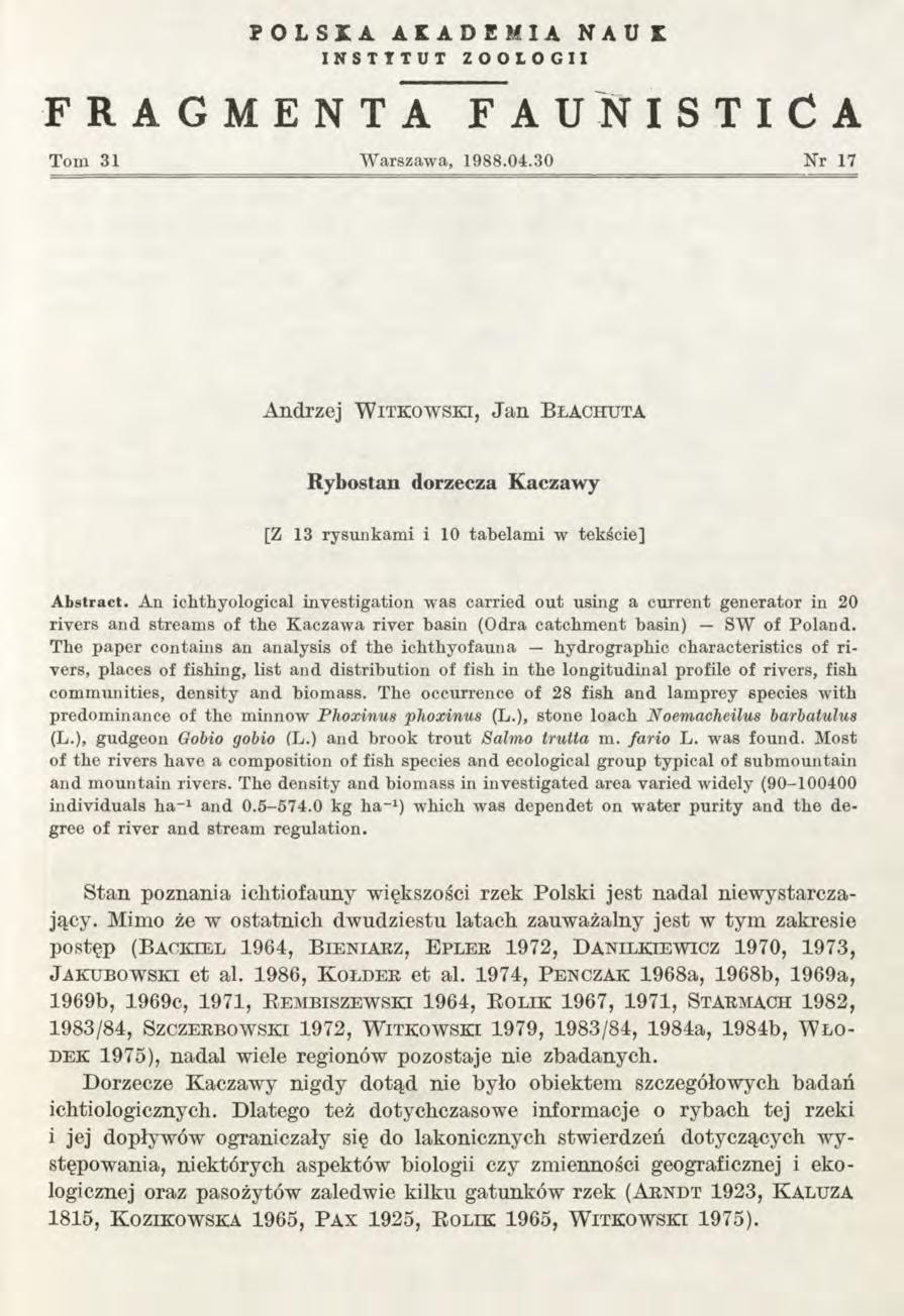 POLSXA AKADEMIA NAUK INSTYTUT ZOOLOGII FRAGMENTA FAUNISTlCA T om 31 W arszaw a, 1988.04.