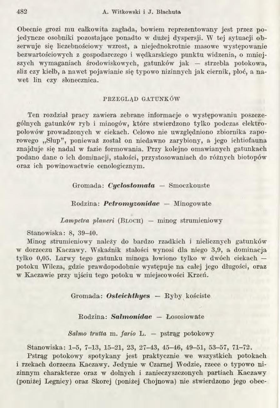 482 A. W itkow ski i J. B łachuta Obecnie grozi mu całkowita zagłada, bowiem reprezentowany jest przez p o jedyncze osobniki pozostające ponadto w dużej dyspersji.